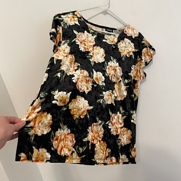 A.N.A Velvet Ruffle Tee Black Orange Floral Velour Short Flutter Sleeve Blouse L - Picture 7 of 10